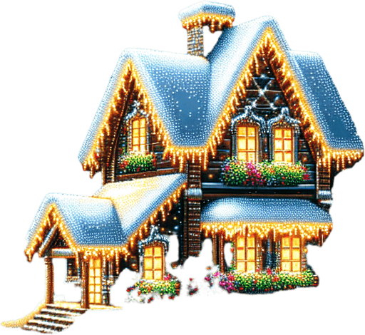 a landscape with santa's house on the left, pines with chistmas lights, snow, at night Background image. 2d. High contrast.