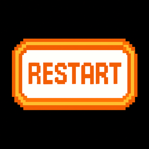 restart button, orange outline, white text, pixel art..
In-Game asset.  2d.  High contrast.  No shadows