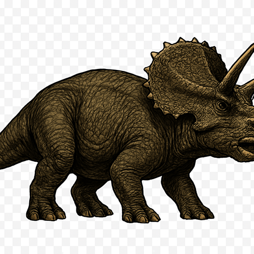 A large Triceratops dinosaur depicted in a neutral standing pose on a transparent background. It has a bulky, muscular body covered in rough, textured scaly skin with shades of dark brown and olive green. Its massive head features a large bony frill with small bumps and three prominent horns—two long ones above the eyes and a shorter one on the nose. The beak-like mouth is slightly open, and the eyes are calm but alert. The thick legs end in hoof-like claws, and the tail is short and heavy. The skin shows detailed scales, folds, and scars, giving it a lifelike, ancient appearance..
In-Game asset.  2d.  High contrast.  No shadows