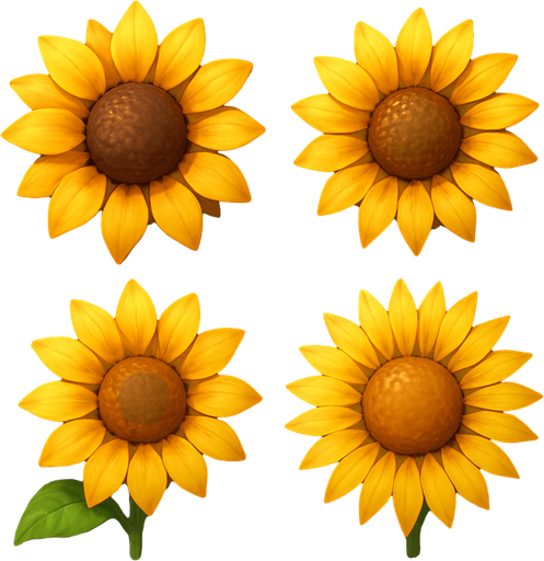 Pack of different sunflower, painted 3D sunflower, without black lines around it!
In-Game asset.  High contrast.  No shadows. 3D