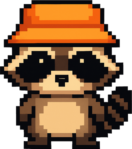mapache de pixeles con sombrero pesquero.
In-Game asset.  2d.  High contrast.  No shadows