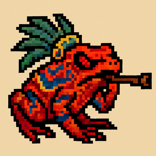 Genérame una Rana de dardo venenosa guerrero azteca con eso patrones, estilo pixelar, con una apariencia maligna, ojos rojos, rabioso. Unidad a distancia, con cerbatana. Animal.
In-Game asset.  2d.  High contrast.  No shadows