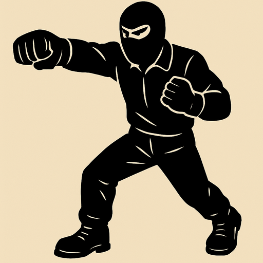 hombre con camisa negra de manga larga, pantalones negros, botas negras y guantes negros y un pasamontañas negro dando un puñetazo..
In-Game asset.  2d.  High contrast.  No shadows