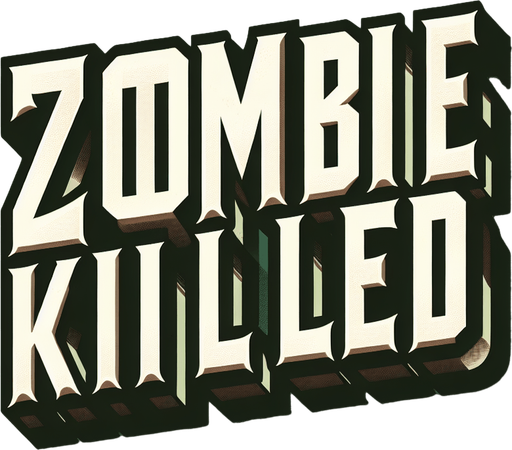 A bold, uppercase text displaying 'Zombie Killed' in a vintage sports-style font. The letters are thick, blocky, and have a three-dimensional effect with a dark outline. The text is off-white with a slightly aged and worn texture. The background is deep green, providing a strong contrast. The text is displayed horizontally, maintaining a structured and professional look. The font has sharp, angular edges, resembling varsity or athletic lettering commonly seen on sports jerseys or scoreboards..
Single Game Texture.  In-Game asset.  2d.  Blank background.  High contrast.  No shadows