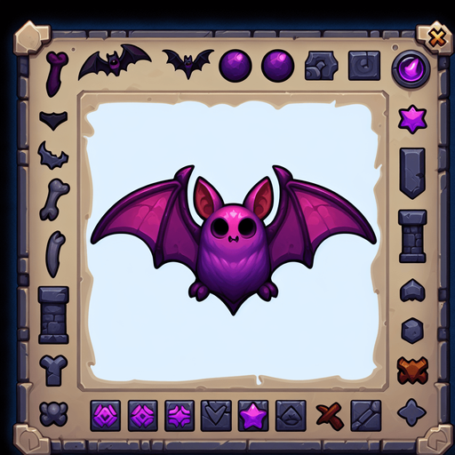 purple bat.
Single Game Texture. In-Game asset. 2d. Blank background. High contrast. No shadows.