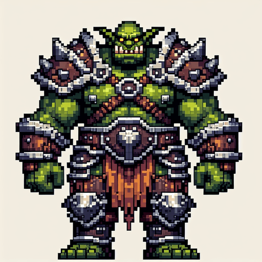 create me a big furious goblin with armor 2d and pixel.
Single Game Texture. In-Game asset. 2d. Blank background. High contrast. No shadows.