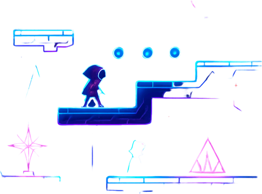 2D platformer outerspace cosmic cyberpunk neon side profile view hologram stars magick galaxies cosmic black holes milkway star system overlay projection asteroid starfield Platforming magical dimension pathway level obstacle layout videogame