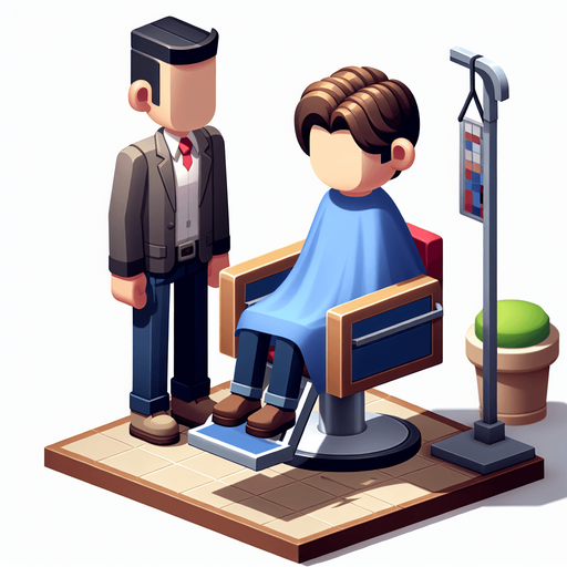 sandalyede oturan ve saçını kestirmeyi bekleyen bir müşteri.
Single Game Texture.  In-Game asset.  2d.  Blank background.  High contrast.  No shadows