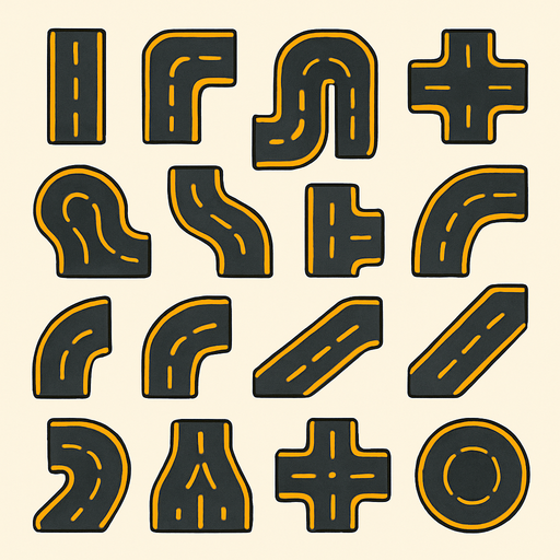 Many types of roads assets for tower defense game. HD colors.
In-Game asset.  2d.  High contrast.  No shadows