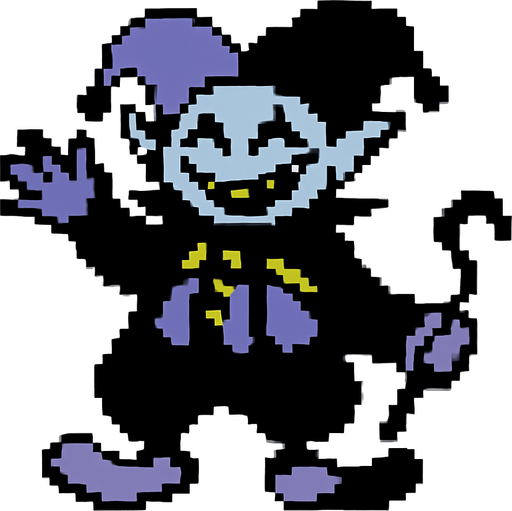 Jevil, un jefe del capitulo 1 de deltarune, es pixleado y el fondo detras de este es color blanco.
In-Game asset.  2d.  High contrast.  No shadows