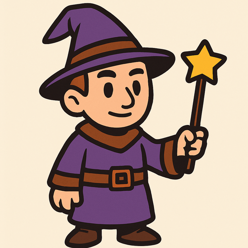 Mago con sombrero morado y marrón sin barba con varita con estrella, de cuerpo entero.
In-Game asset.  2d.  High contrast.  No shadows