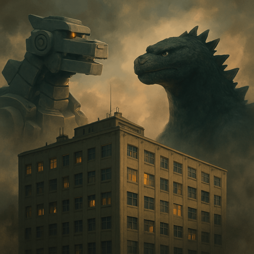 building with godzilla vs mechagodzilla in the background