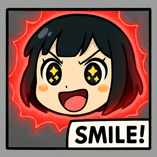 Haz una animación en la que solo se vea su cara recortada, un aura de energía roja rodeándola, y que aparezca como una viñeta que demuestre que está a punto de hacer su acción definitiva. Que escriba la palabra SMILE! abajo a la derecha. La imagen debe tener un fondo color gris