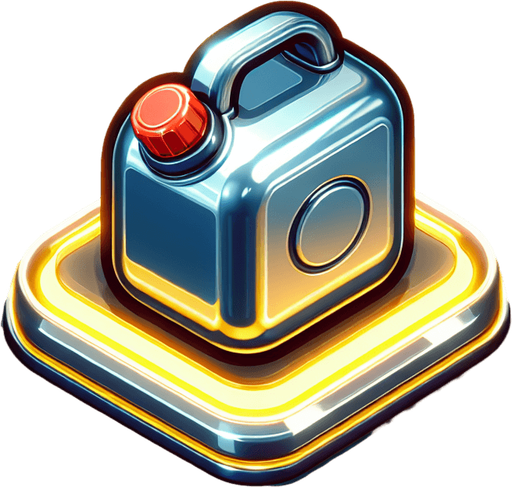 A cute cartoon-style small fuel tank with rounded edges, glossy metal finish, and a little red cap. Add a glowing yellow outline to make it pop. It should look lightweight and collectible, floating gently in the air..
Single Game Texture.  In-Game asset.  2d.  Blank background.  High contrast.  No shadows