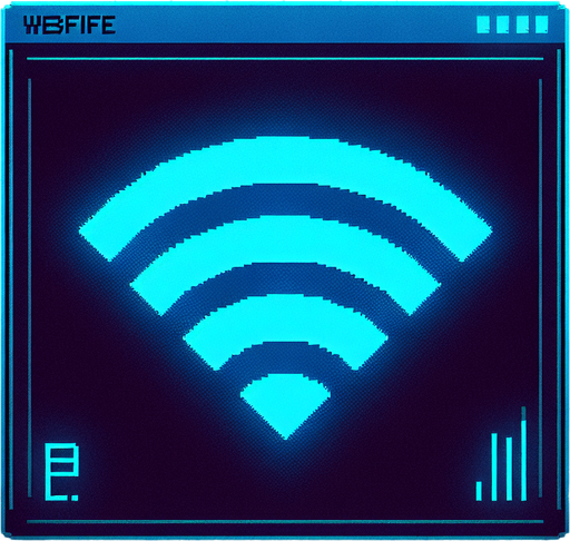 A minimalist UI website icon for a retro hacking app, representing a WiFi connection. The icon features a simple pixel-art style signal symbol with three curved bars radiating outward in blue, evoking a classic WiFi logo. The bars are cleanly rendered with subtle gradients for depth, while a soft neon blue glow surrounds the design to emphasize the cyberpunk aesthetic. The background is dark and minimal, with a faint grid pattern barely visible, aligning with the retro-futuristic theme. The overall design is clean, functional, and perfectly suited for a retro hacking interface.
Single Game Texture. In-Game asset. 2d. Blank background. High contrast. No shadows.