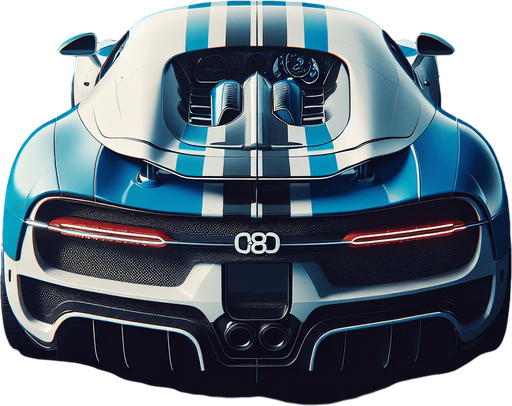 Back of blue and white colour Bugatti.
Single Game Texture. In-Game asset. 2d. Blank background. High contrast. No shadows.