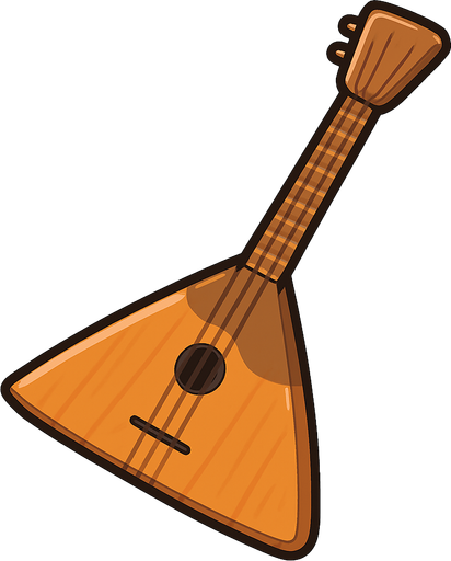 A detailed yet simple 2D illustration of a traditional Russian balalaika. The instrument should have a triangular wooden body, three strings, and a long, narrow neck. Style it in cartoon or flat vector format with soft shadows and bold outlines. Use warm wood tones (orange/brown), and make sure the shape is iconic and easily recognizable. Designed for mobile game use. Export as a transparent PNG, suitable for placing in quizzes or instrument selection scenes.. rounded background with pink
In-Game asset.  2d.  High contrast.  No shadows
