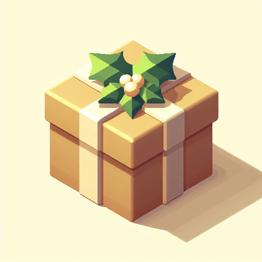 a big light brown and yellow christmas gift decorated with holly leaf. isometric view. no floor. Single Game Texture. In-Game asset. 2d. Blank background. High contrast. No shadows.
