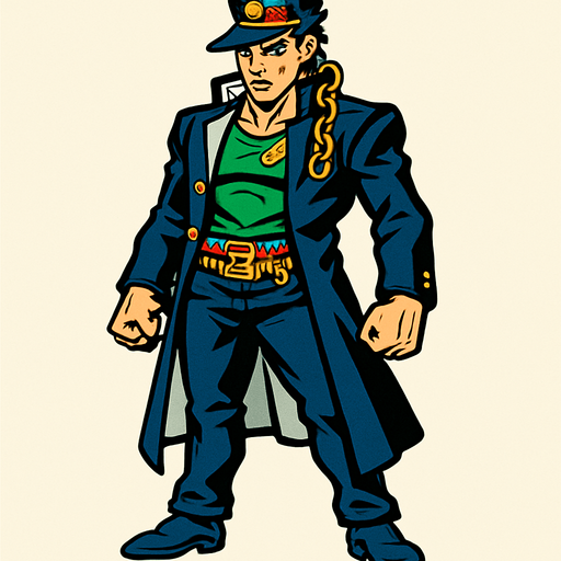 Jotaro con  cuerpo y que se vea su cabeza jojo's.
In-Game asset.  2d.  High contrast.  No shadows
