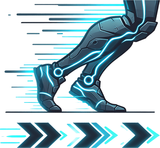 A stylized, sleek cybernetic boot or leg silhouette with clear motion lines trailing behind it (like speed lines). Alternatively, three chevrons (>>>) pointing forward, glowing with blue energy, suggesting rapid advancement..
Single Game Texture.  In-Game asset.  2d.  Blank background.  High contrast.  No shadows