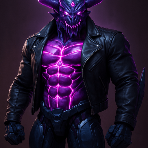 Black leather biker jacket longsleeves bare segmented neon cyberpunk pecs abs muscles robot monster hunk