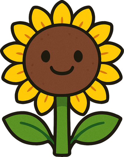 Un girasol con una cabeza redonda y marrón con pétalos amarillos brillantes que lo rodean como una corona. Su tallo es verde y tiene dos hojas grandes y anchas que sobresalen a los lados. En su cara, tiene dos ojos pequeños y negros, y una boca curvada en una sonrisa amigable..
In-Game asset.  High contrast.  No shadows