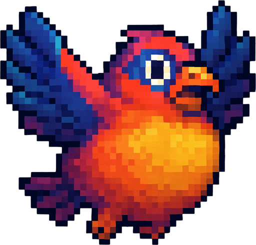 Big fat flaying bird ( Piksel art). Colorful 
In-Game asset.  2d.  High contrast.