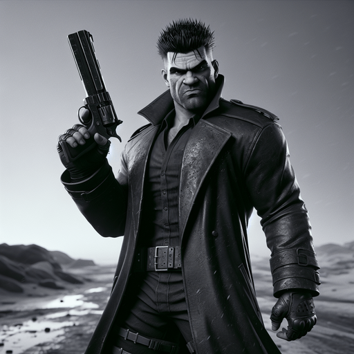 A muscular, imposing man with short spiky black hair, dark eyes, and a cold expression. He wears a long, dark trench coat and carries a large gun. His body language is strong and aggressive, with a gritty, rugged look, evoking a sense of danger. The background is desolate, with dusty windblown landscapes, reflecting the harsh environment of the anime world. The atmosphere should feel intense and full of tension, emphasizing his role as a tough, battle-hardened character.".
Single Game Texture. In-Game asset. 2d. Blank background. High contrast. No shadows.