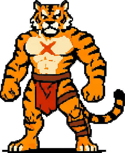 Tigre furry fuerte con una marca de x en su pectoral y pixeleado y que se vea todo su cuerpo, con un taparrabos y una piernera con una daga 
In-Game asset.  2d.  High contrast.  No shadows