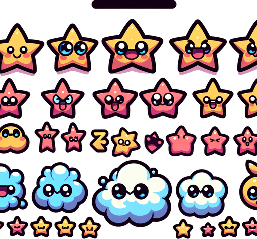 A sprite sheet of different cartoon stars..
Single Game Texture. In-Game asset. 2d. Blank background. High contrast. No shadows.