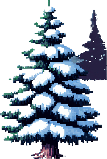 pixel art of a spruce tree covered in snow. Single Game Texture. In-Game asset. 2d. Blank background. High contrast. No shadows.