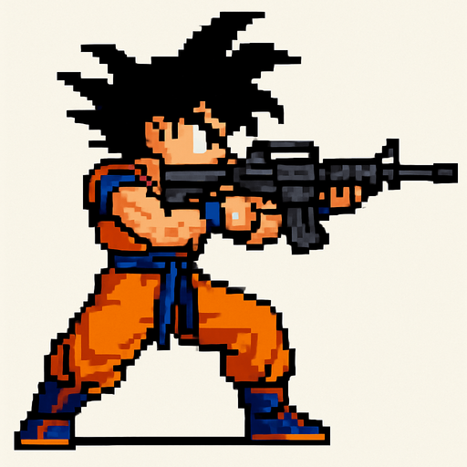 goku de dragon ball hecho con pixeles de cuepo completo con perspectiva lateral apuntando don un rifle de asalto m4
In-Game asset.  2d.  High contrast.  No shadows