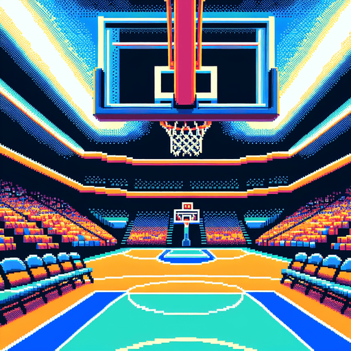 pixel art basketball arena seen from the floor.
Single Game Texture. In-Game asset. 2d. Blank background. High contrast. No shadows.