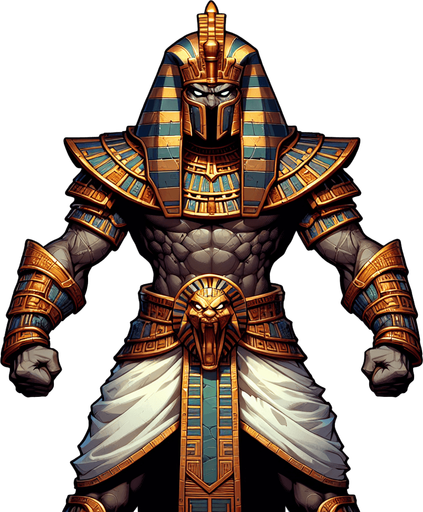 An animated image of an aggressive egyptian warrior.
Single Game Texture. In-Game asset. 2d. Blank background. High contrast. No shadows.