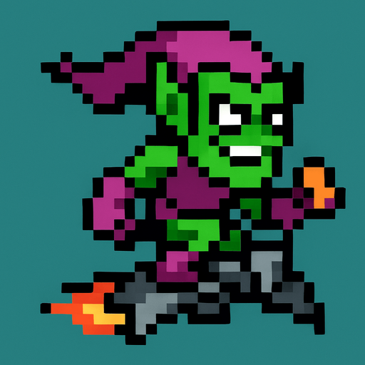 flying pixel art green goblin.
In-Game asset.  2d.  High contrast.  No shadows