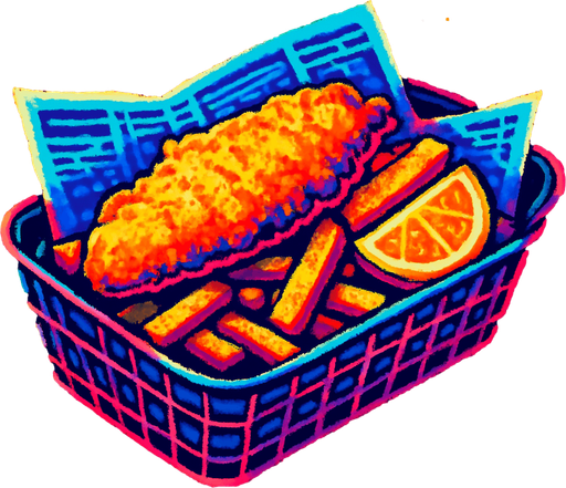 Cooked fish and chips in a newspaper lined basket. Side view. 80s arcade machine graphics..
In-Game asset.  2d.  High contrast