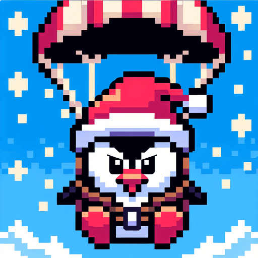 cute angry parachuting penguin wearing a santa hat. pixelated. 8 bit..
Single Game Texture. In-Game asset. 2d. Blank background. High contrast. No shadows.
