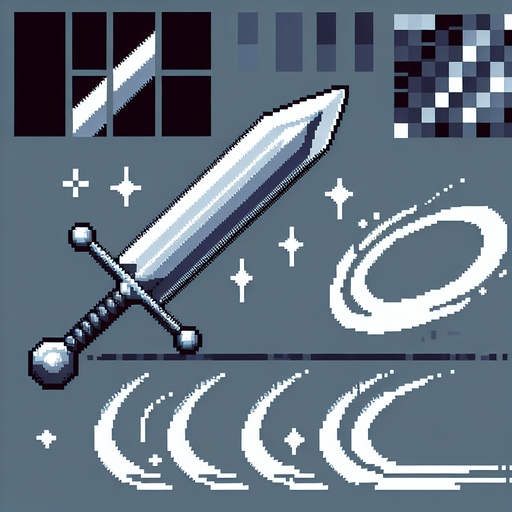 A pixel art medieval sword with a silver blade and gray handle. Simple design with a short crossguard. Include 4 frames of slash effect animation showing a white arc sweeping in front of the sword. Each frame of the arc covers about 45 degrees of motion, creating a 180-degree slash when played in sequence. Clean, high-contrast design..
Single Game Texture. Weapon sprite sheet. 16x16 pixels per frame. 4 frames horizontally aligned. Pixel art. Transparent background. Game weapon asset. No anti-aliasing. High contrast. Clean edges. White and gray color palette. 2D game element.