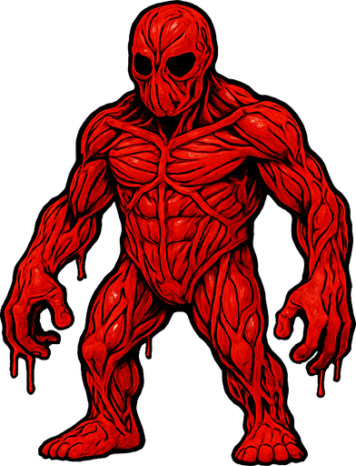 Kırmızı kasları ve damarları gözüken slime ama çok değil az gözüken damarları.
In-Game asset.  2d.  High contrast.  No shadows elleri ayakları var kırmızı sinirli insan boyunda kısa değil