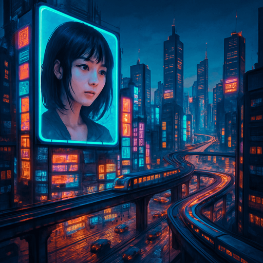 Cyberpunk city. have digital screens and digital girl have black hair talking on it. towers. from above. cars on roads. Trains roads. HD colors.