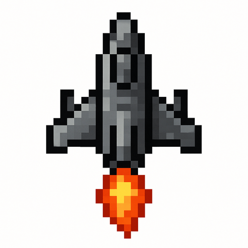 Пиксельный корабль сверху с нарисованным огнем спереди вид сверху.
In-Game asset.  2d.  High contrast.  No shadows