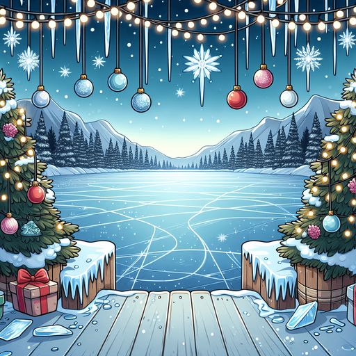 Outdoor empty frozen icy lake, Christmas decorated. View from standing at the middle of the lake looking towards shore. Cartoon. Middle of rink view.