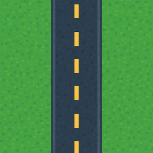 road with yellow lines 
Let there be a large land area on both sides of the road but pixel art style

. Bacground is green. No shadows. 2d. In-Game asset. flat