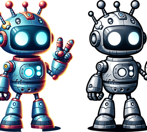 a cute robot. Transparent background..
Single Game Texture. In-Game asset. 2d. Blank background. High contrast. No shadows.