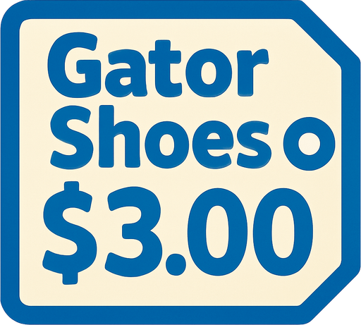 Price tag that says Gator shoes $3.00.
In-Game asset.  2d.  High contrast.  No shadows