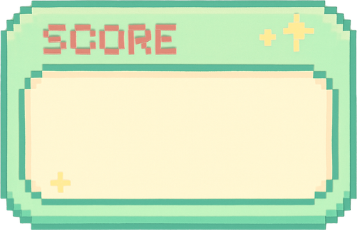 A horizontally-oriented pixel art score frame designed for a cute 2D retro game.
The frame is meant to be placed at the top center of the screen during gameplay.
It has a soft pastel green or cream background with a rounded rectangular shape.
The inside of the frame is filled with a solid light color (not transparent), ready for number assets to be placed on top.
The border is subtle and cute, with minimal decorative details like tiny sparkles or stars to match the playful and colorful retro game aesthetic..
In-Game asset.  2d.  High contrast.  No shadows. pixel art. side view. cute. pastel colors. soft edges. retro ui. video game hud. minimal