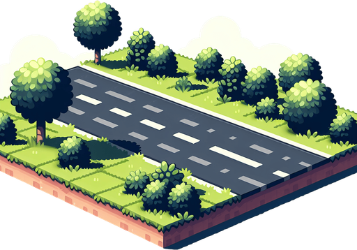 Дорога и кусты.
Single Game Texture. In-Game asset. 2d. Blank background. High contrast. No shadows.