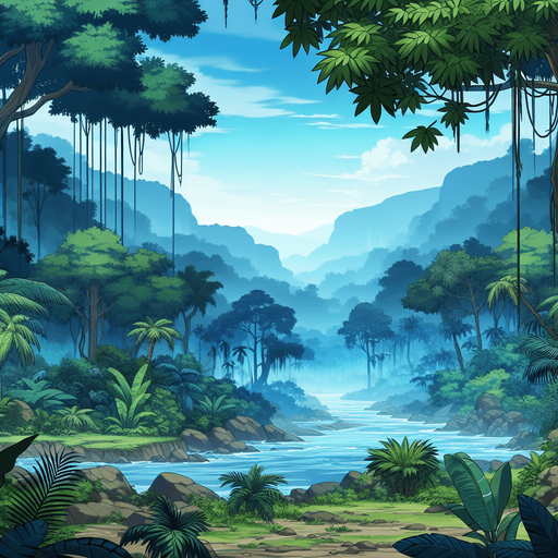 anime landscape deep jungle amazon.
Single Game Texture.  In-Game asset.  2d.  Blank background.  High contrast.  No shadows