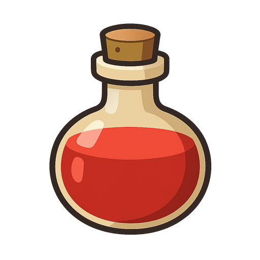 a classic health potion, a bottle of translucent red liquid. No background. Transparent background. Blank background. No shadows. 2d. In-Game asset. flat