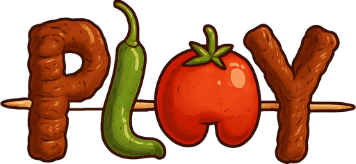 şiş in içine geçmiş bir şekilde  play yazıcak ama domates biber ve etten yani gerçek kebab gibi ama harfler var. daha  çizgifilmsel olacak  mesela "p" et "l" biber "a" domates "y" et
